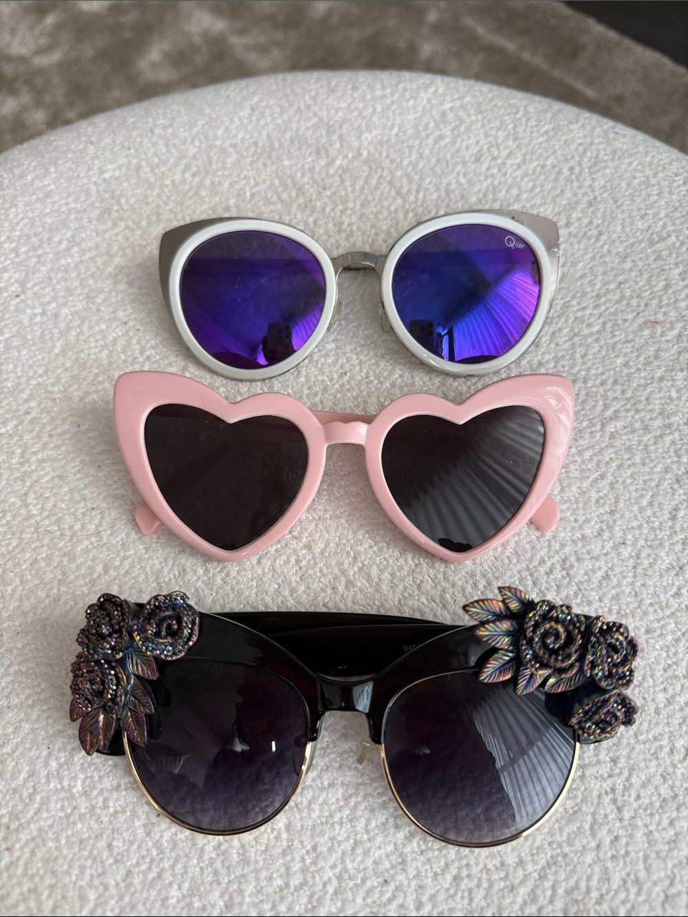Three pair bundle- Pink Heart Sunglasses - Purple Mirror - Black Floral Shades